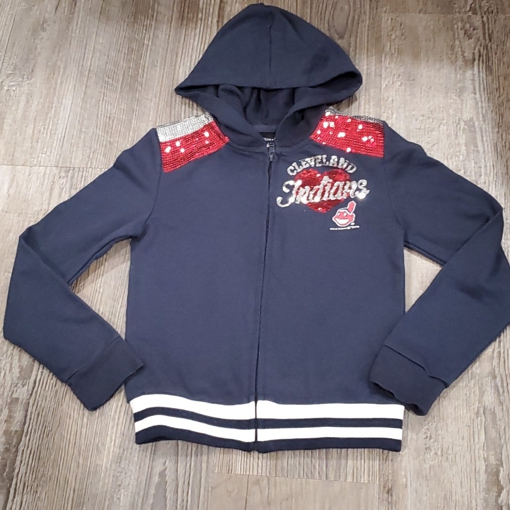 MLB CLEVELAND Indians Sequins Zip Up Hooded Swwatshirt by 5th & Oceans Size 7/8